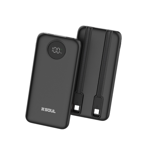 Power Bank Cargador Portatil Soul Carga Rápida 22.5W Con 1 Puerto USB C, 1 Puerto USB y 2 Cables Integrados USB-C y Lightining