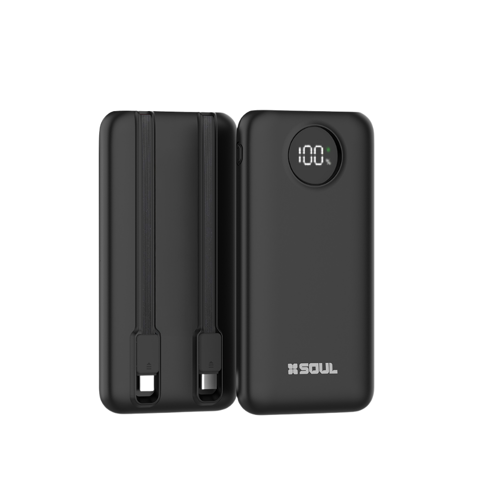 Power Bank Cargador Portatil Soul Carga Rápida 22.5W Con 1 Puerto USB C, 1 Puerto USB y 2 Cables Integrados USB-C y Lightining