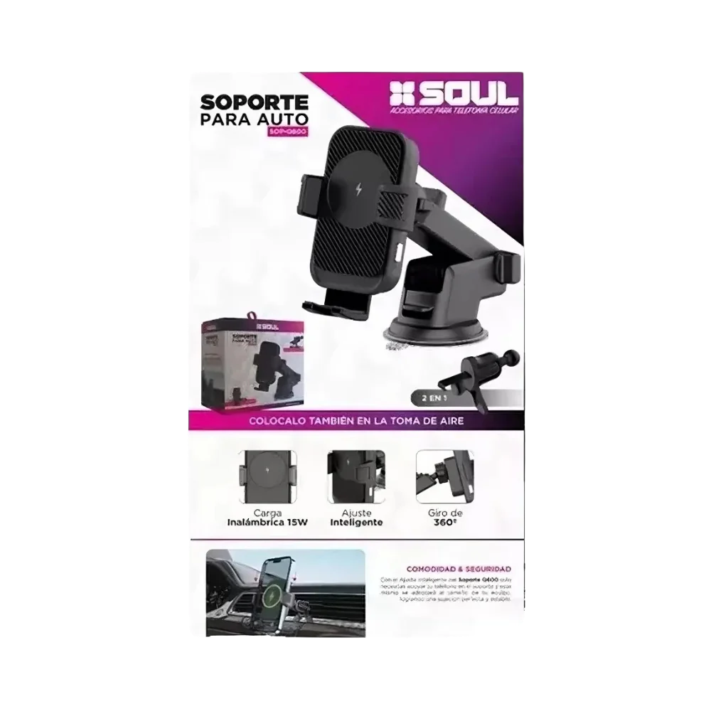 Soporte Auto Soul Q600 2 en 1 con Carga Inalámbrica 15W