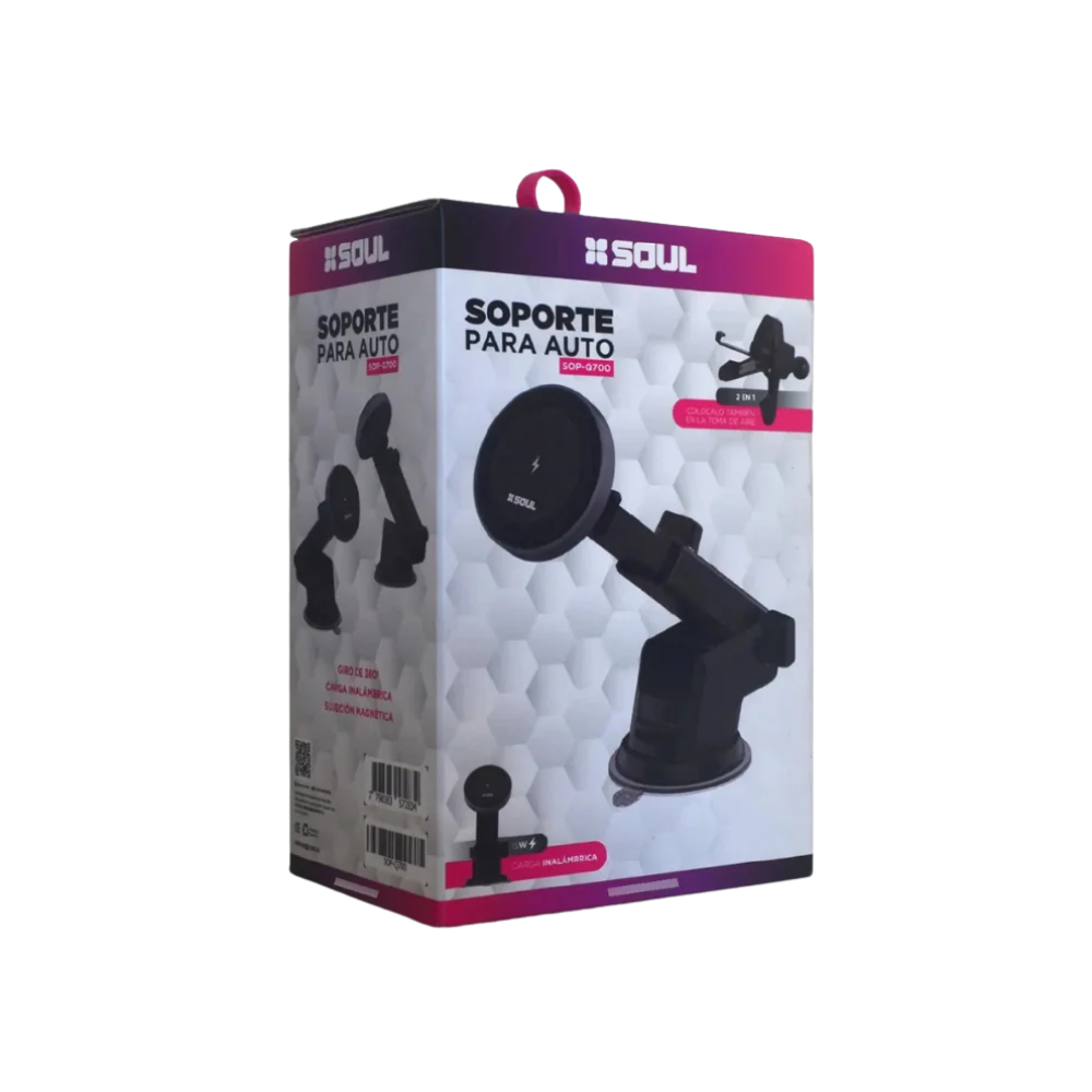 Soporte Magnético para Celular Auto Soul Q700 2 en 1 | Carga Inalámbrica 15W