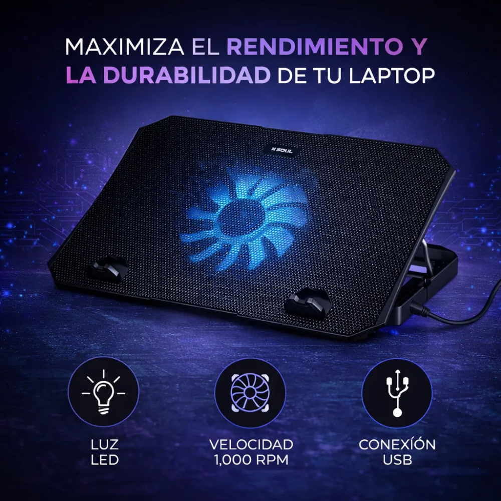 Base Cooler Notebook Soul OB 100 USB con Luz LED 1000 RPM