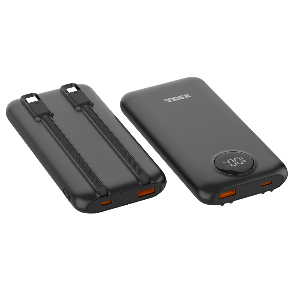 Power Bank Cargador Portatil Soul Carga Rápida 22.5W Con 1 Puerto USB C, 1 Puerto USB y 2 Cables Integrados USB-C y Lightining