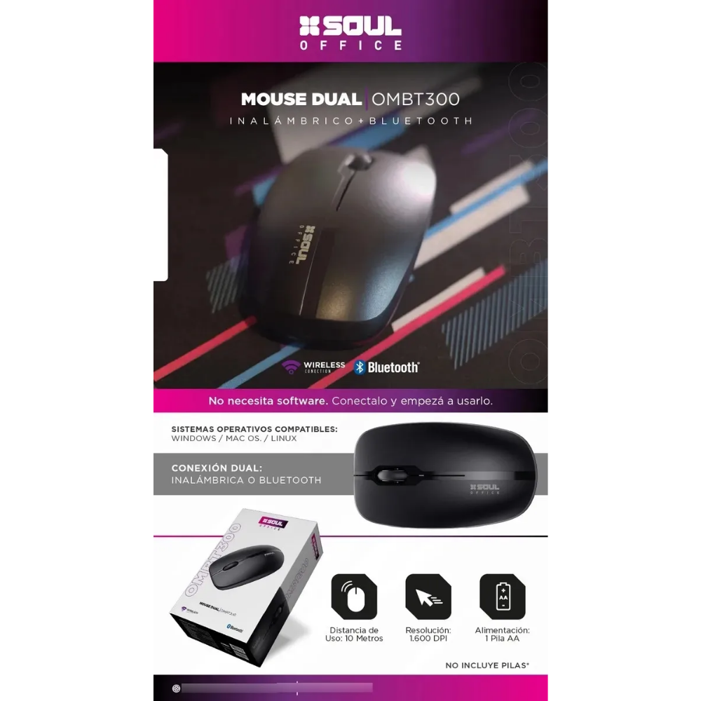 Mouse Inalámbrico Soul Bluetooth y Wireless USB 1600 DPI