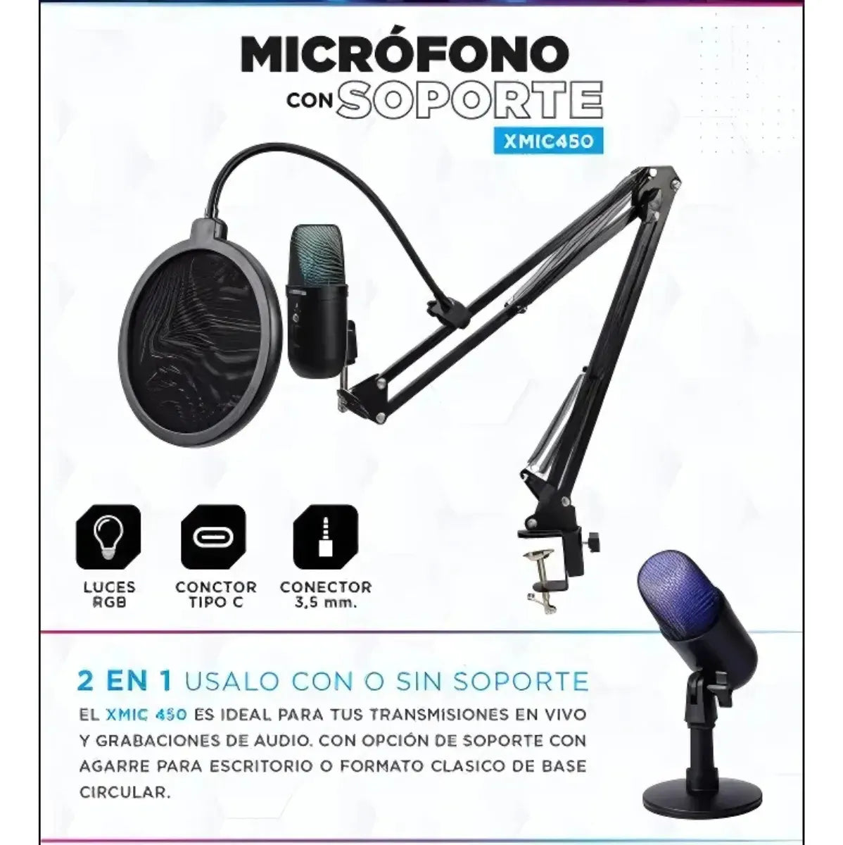 Micrófono Gamer RGB Soul XMIC 450 para Streaming y Gaming | Brazo + Base + Antipop Incluidos