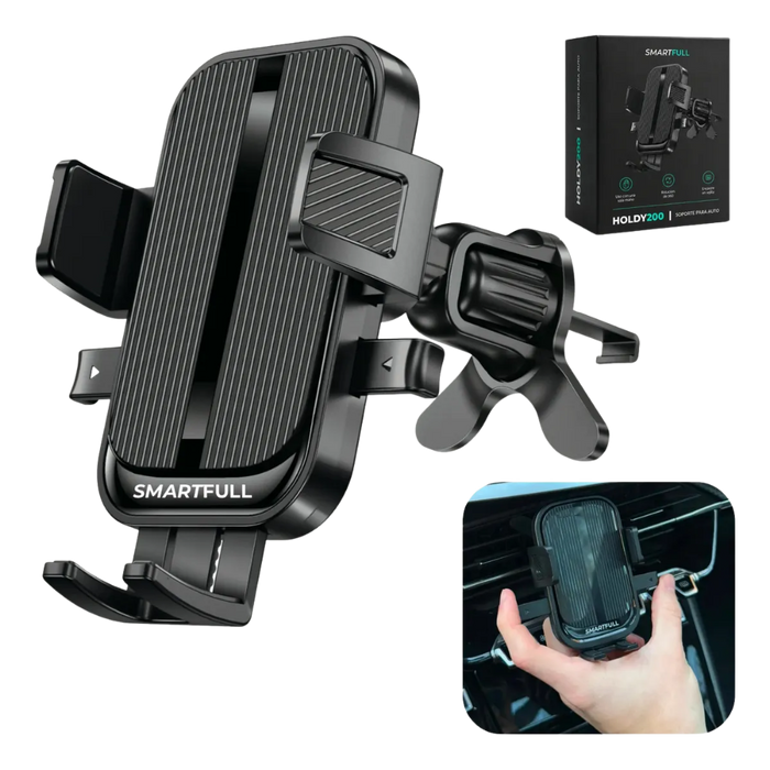 Soporte Celular Auto Rejilla Giratorio Para iPhone Samsung Motorola Xiaomi SmartFull HOLDY200 de Rejilla de Ventilación con Ajuste 360° y Pinza Antirrayones