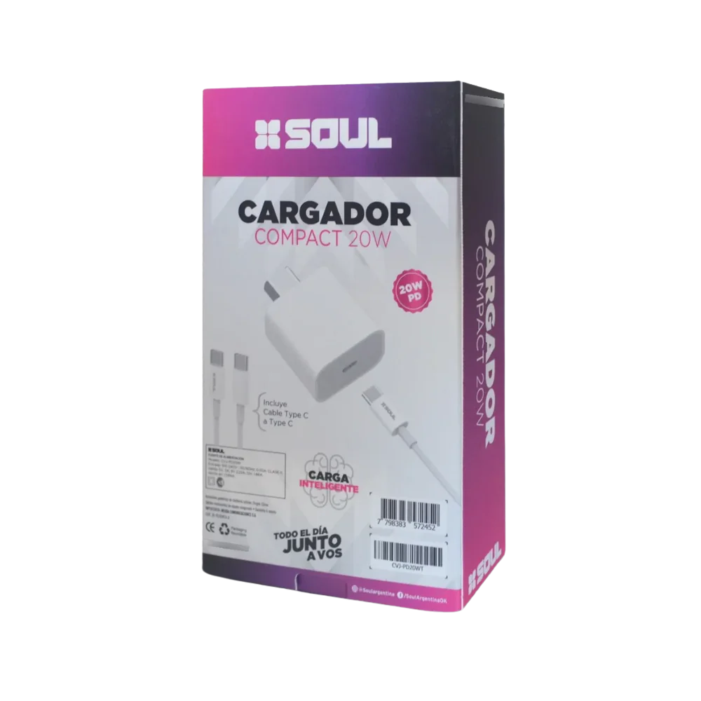 Kit Cargador Soul 20W + Cable USB-C para iPhone y Samsung