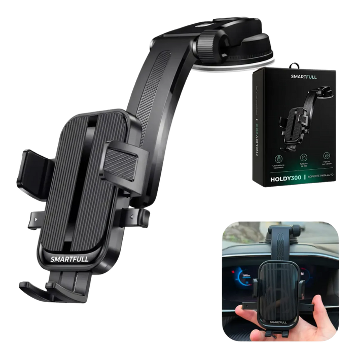 Soporte Celular P/ Auto Con Sopapa Brazo Extensible Rotación 360° SmartFull HOLDY300 Porta Celular Compatible con iPhone Samsung Motorola Xiaomi