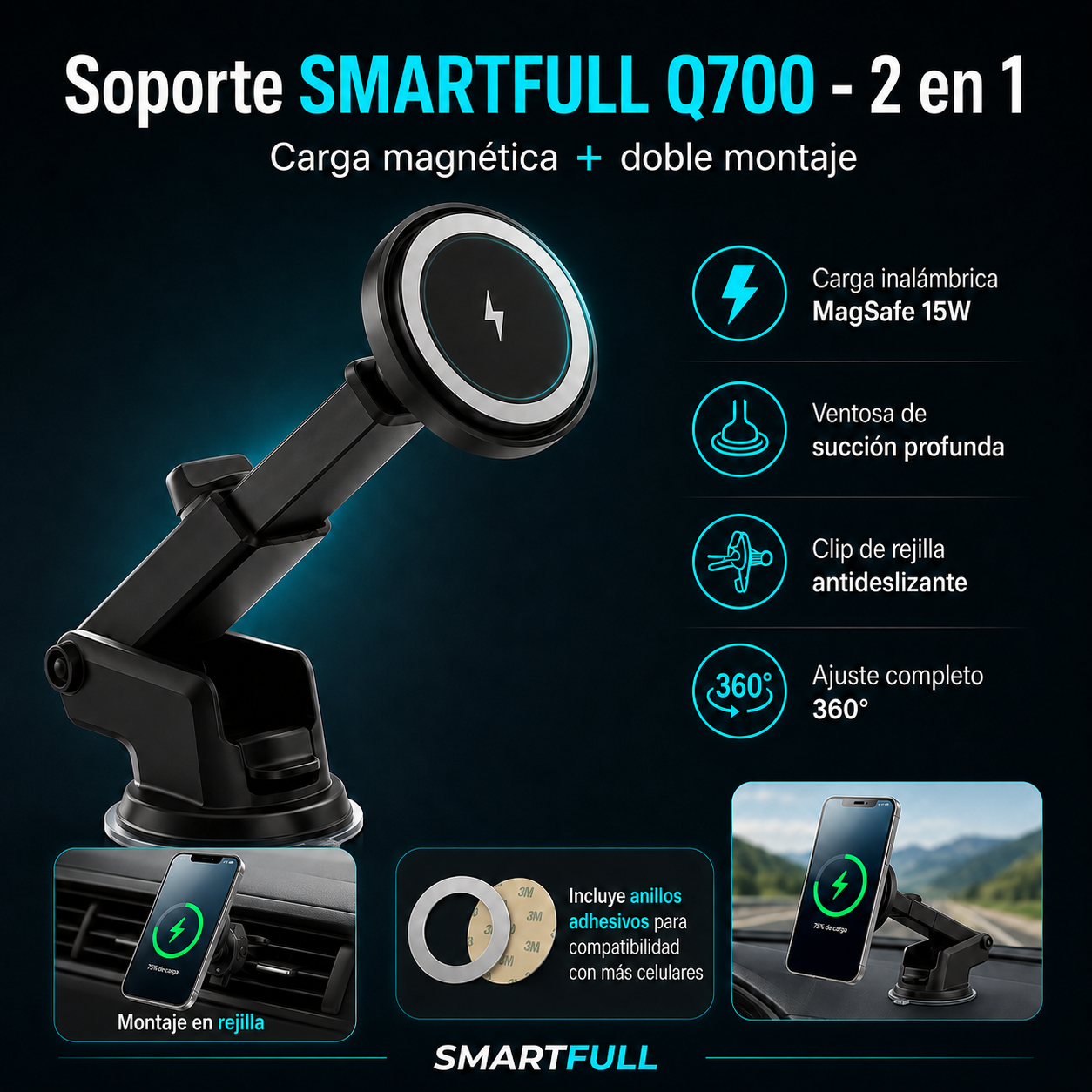 Soporte Magnético para Celular Auto Soul Q700 2 en 1 | Carga Inalámbrica 15W