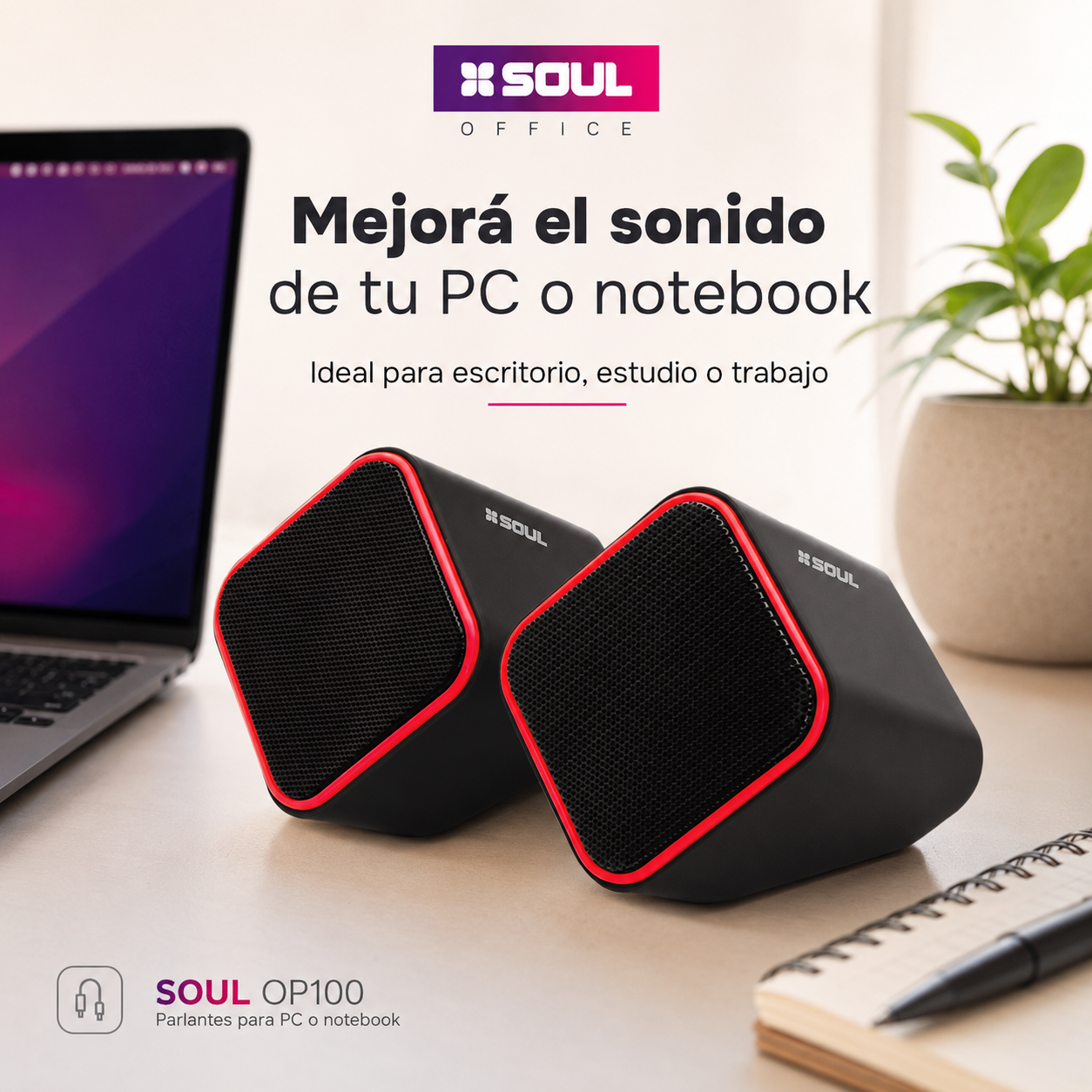 Parlantes Soul OP100 para PC y Notebook USB + Jack 3,5 mm