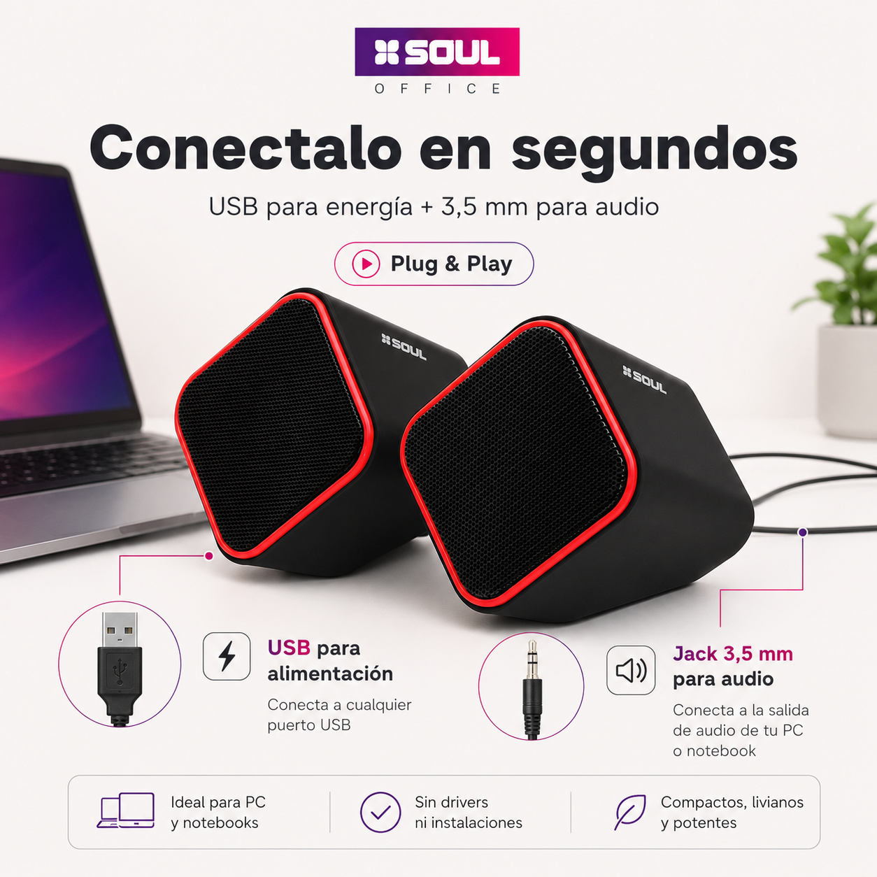 Parlantes Soul OP100 para PC y Notebook USB + Jack 3,5 mm