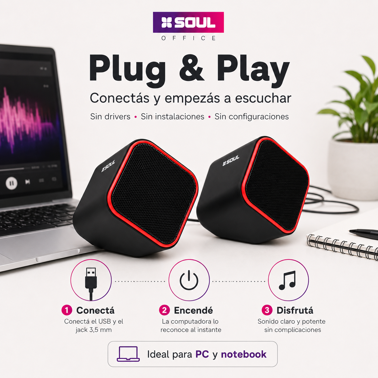 Parlantes Soul OP100 para PC y Notebook USB + Jack 3,5 mm