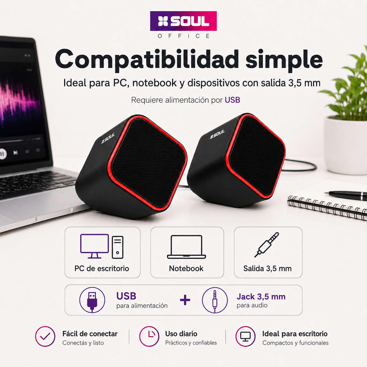 Parlantes Soul OP100 para PC y Notebook USB + Jack 3,5 mm