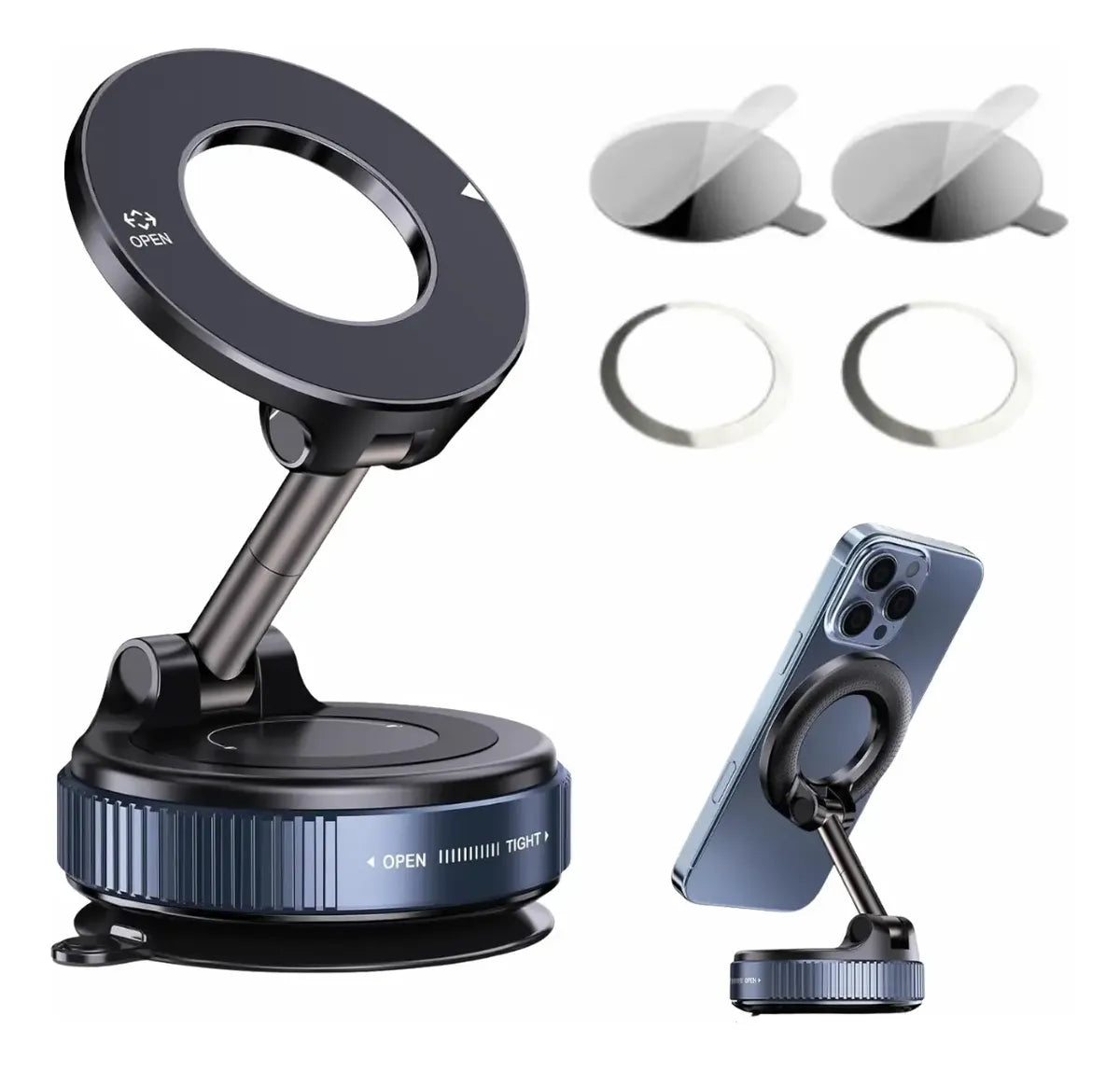 Soporte Celular Auto Magnético SmartFull 40 Con Ventosa Para Tablero Y Parabrisas Anillo Magnético Y Adhesivo Para Magsafe Para iPhone Para Samsung Para Motorola Para Xiaomi Traba Segura Escritorio