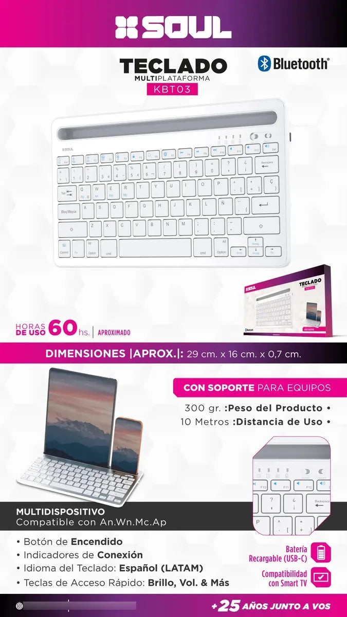 Teclado Bluetooth Soul KBT03 con Soporte para Tablet y Celular - Blanco