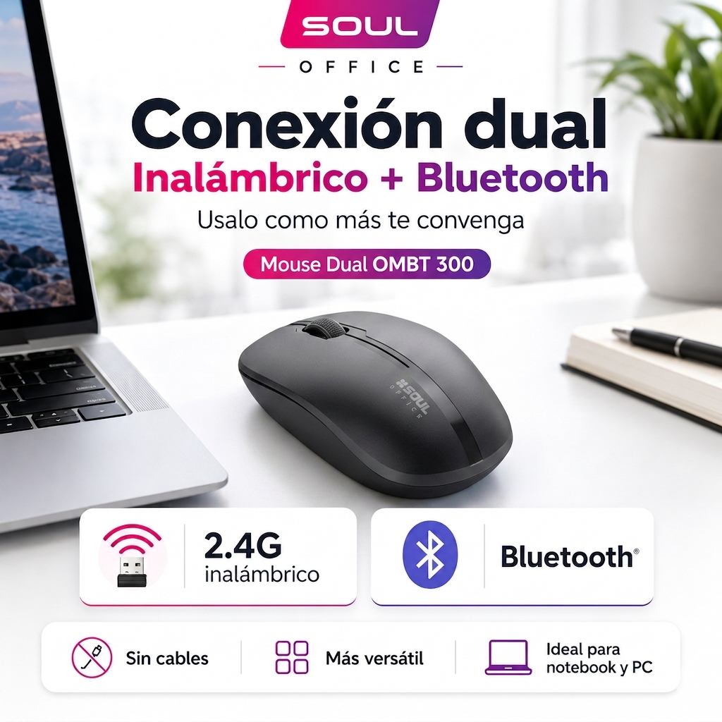 Mouse Inalámbrico Soul Bluetooth y Wireless USB 1600 DPI