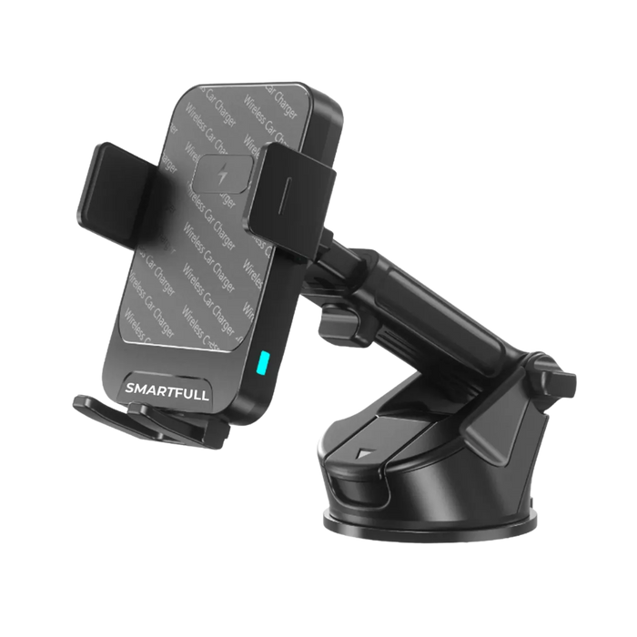 Soporte Porta Celular Auto SmartFull HOLDY500 Sopapa Parabrisas Vidrio Tablero Brazo Extensible Cargador Inalámbrico Carga Rápida Ajustable 360° Silicona Antideslizante Antirrayones Holder Negro