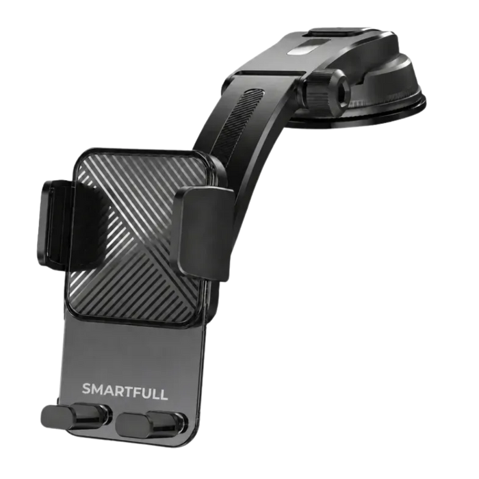 Soporte Porta Celular Auto SmartFull HOLDY600 Sopapa Parabrisas Vidrio Tablero Brazo Extensible Flexible Ajustable 360° Pinza Silicona Antideslizante Antirrayones Holder Vertical Horizontal Negro
