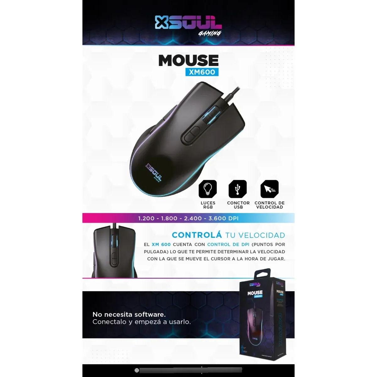 Mouse Gamer Soul XM600 RGB - 3600 DPI - Negro